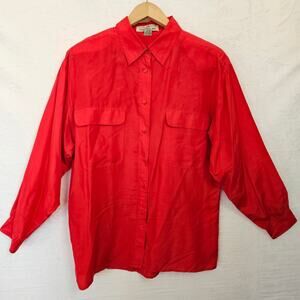 Women's Vintage 100% Silk Button Up Red Shirt Sz Large Shoulder Pads 80s 90s